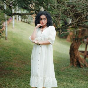Ivory Broderie Anglaise Midi Dress with Puff Sleeves & Wooden Buttons